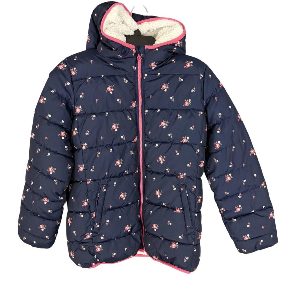 Gap Kids Jacket Girls XXL Navy Floral‎ Hooded Puffer Sherpa Lined Winter Coat